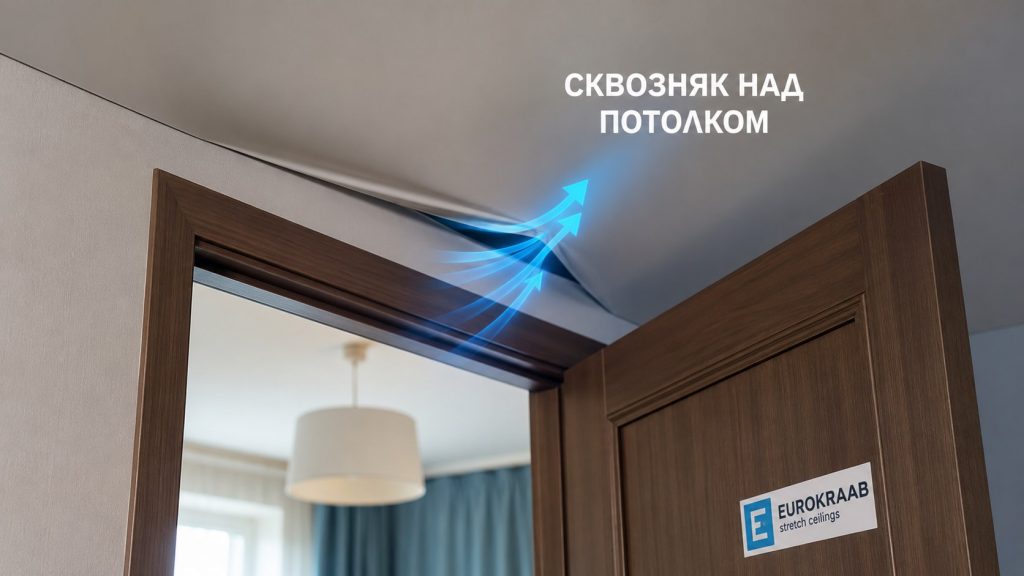 Почему натяжной потолок втягивается при открывании двери: как найти сквозняк над полотном, проверить вентиляцию, щели и примыкания и устранить причину без замены потолка.