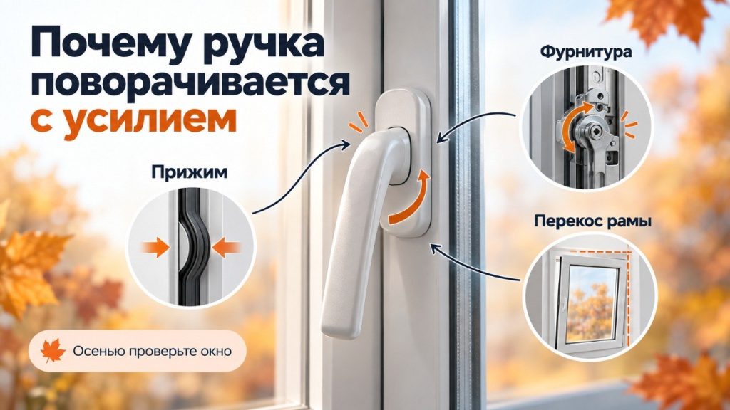 Почему оконная ручка осенью стала поворачиваться с усилием: прижим, фурнитура или перекос рамы Оконная ручка осенью стала поворачиваться с усилием: как отличить сильный прижим от перекоса створки, загрязнения фурнитуры и проблемы рамы, что проверить самому и когда уже нужен оконный мастер ПВХ.