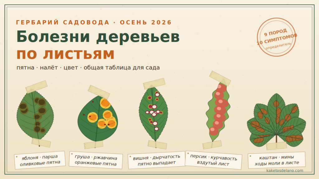Определение болезни дерева по листьям: гербарий из листьев яблони, груши, вишни, персика и каштана с паршой, ржавчиной, дырчатостью, курчавостью и минами