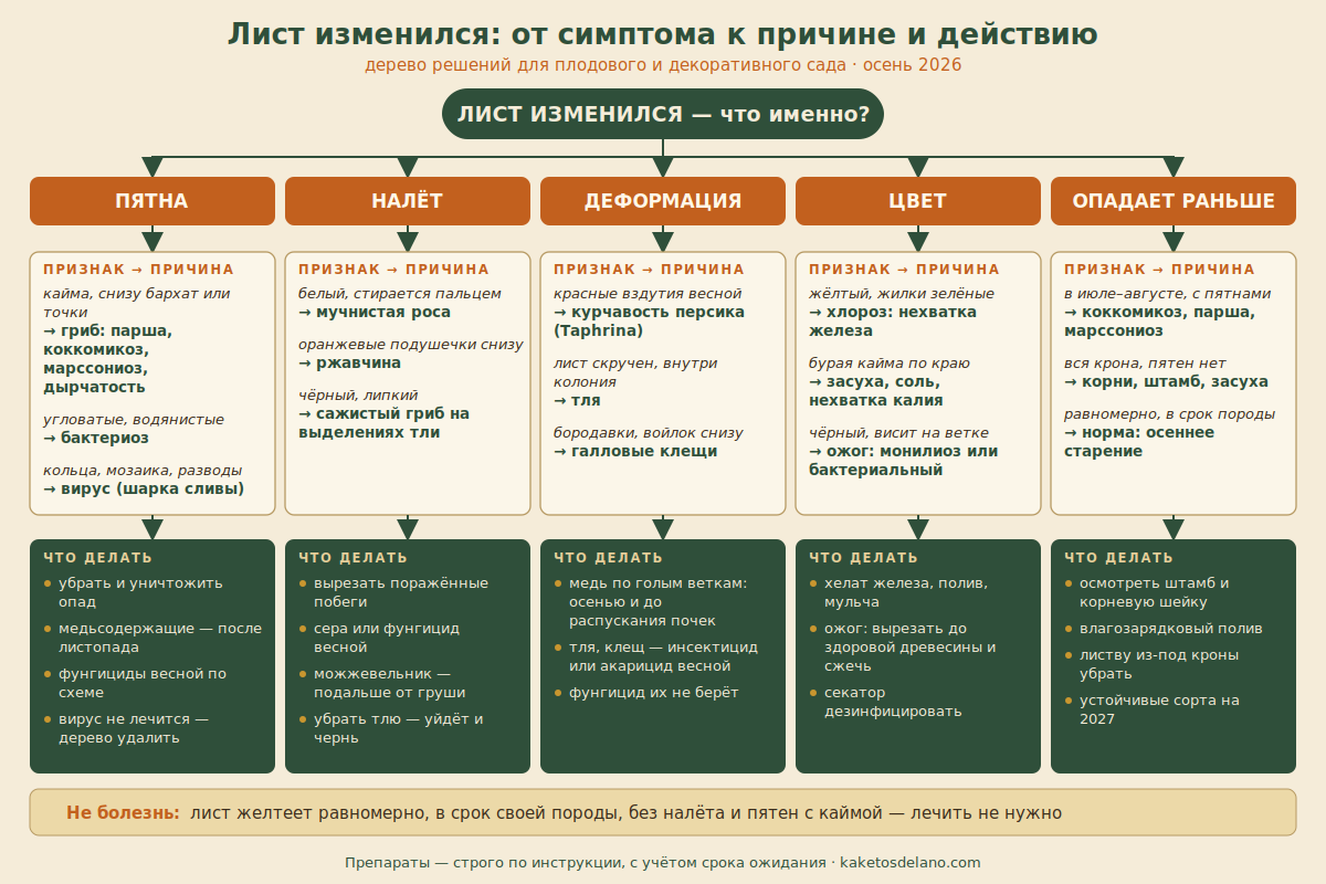 Схема: как определить болезнь дерева по листьям — дерево решений от пятен, налёта, деформации, цвета и раннего листопада к причине и действию