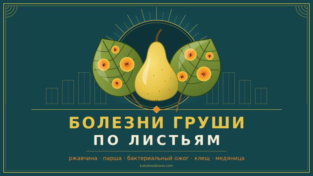 Болезни груши по листьям: глянцевые листья груши с оранжевыми пятнами ржавчины и жёлтая груша в стиле ар-деко