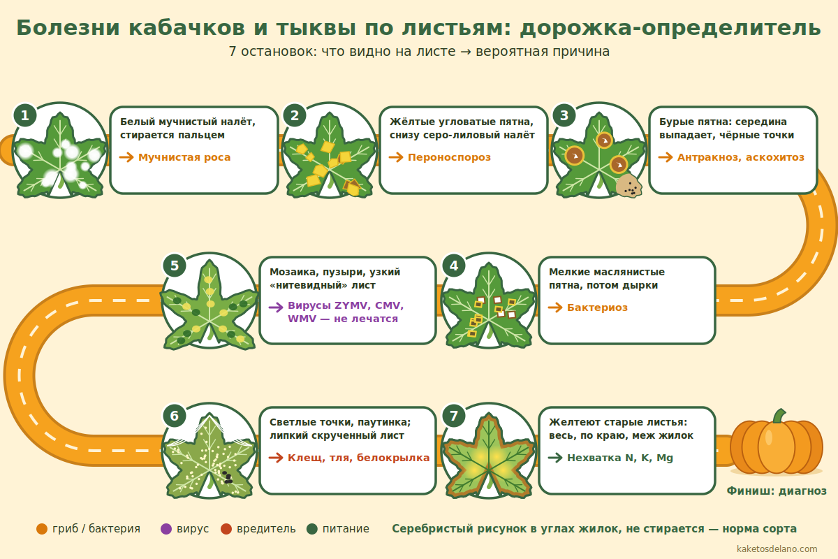 Определитель болезней кабачков и тыквы по листьям: семь симптомов и их причины