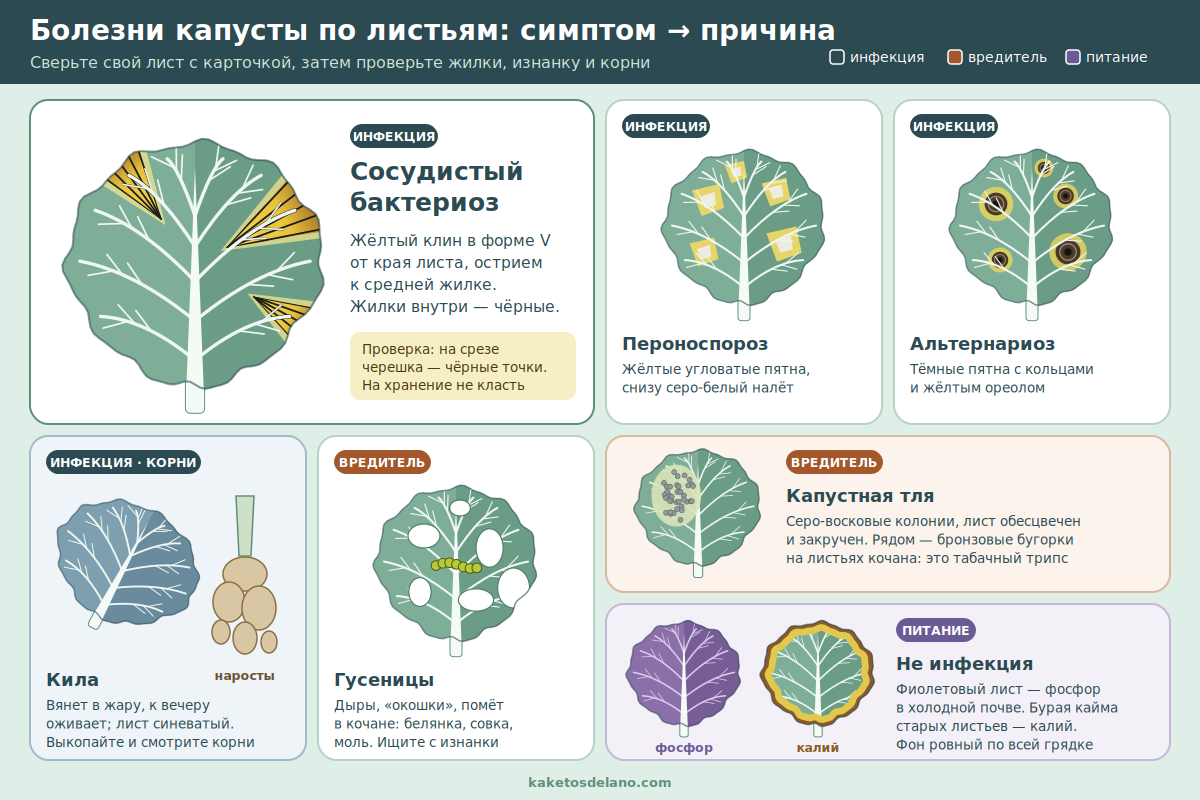 Определитель: пятна и налёт на листьях капусты — симптом и причина Болезни листьев капусты в картинках: сосудистый бактериоз, пероноспороз, альтернариоз, кила, гусеницы, тля, нехватка фосфора и калия