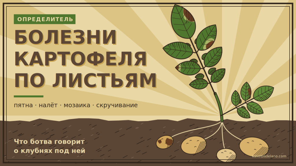 Определение болезней картофеля по листьям: пятна, скручивание и мозаика на ботве — и что будет с клубнями Непарноперистый лист картофеля с бурым пятном фитофтороза по краю и клубни в земле — определитель болезней картофеля по листьям