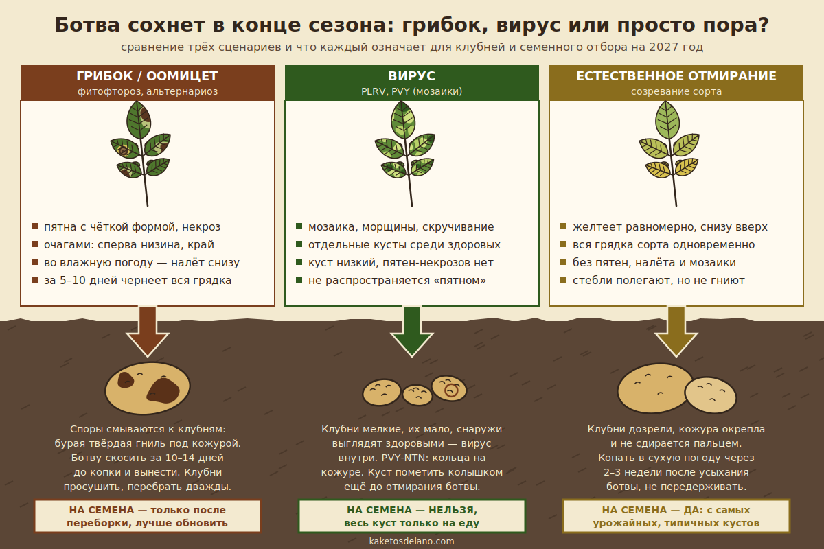Почему сохнет ботва картофеля осенью: три сценария и судьба клубней Схема: грибок, вирус или естественное отмирание ботвы картофеля и что это значит для клубней