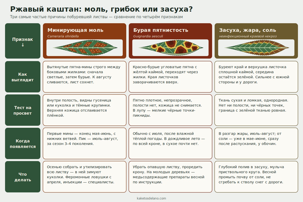 Моль, грибок или засуха: сравнительная схема причин побурения листьев каштана Сравнение: каштановая минирующая моль, бурая пятнистость и краевой некроз от засухи и соли — вид листа, тест на просвет, сроки и меры