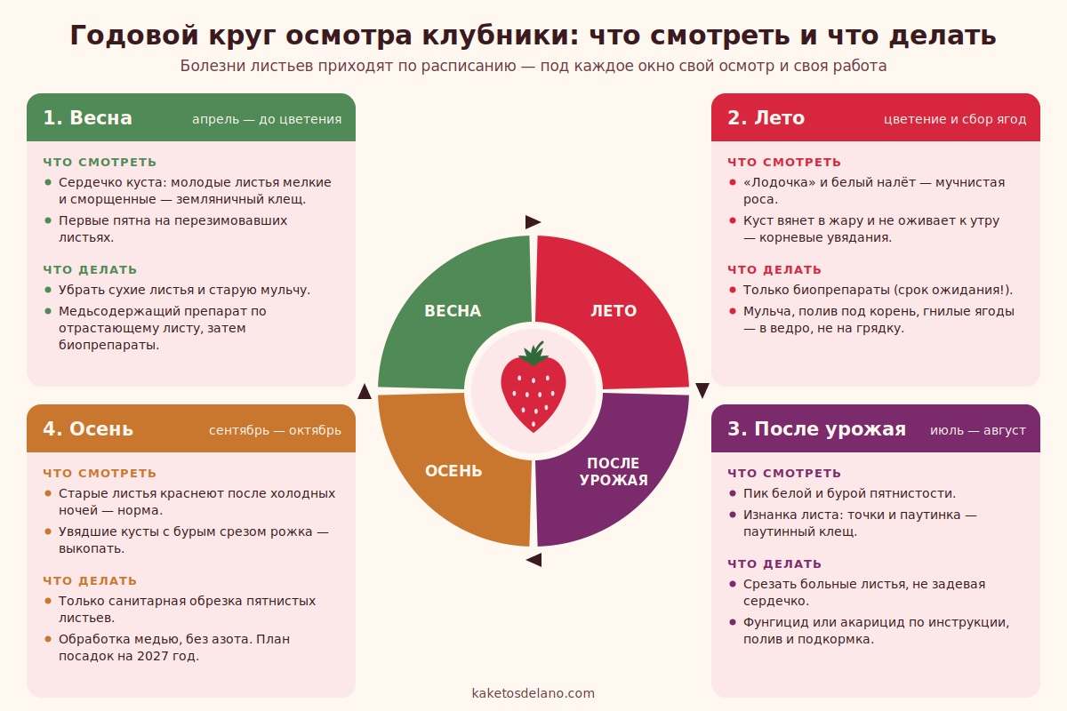 Календарь защиты клубники от болезней листьев по сезонам Сезонный круг-календарь осмотра клубники: весна, лето, после урожая, осень — на что смотреть на листьях и какие обработки делать