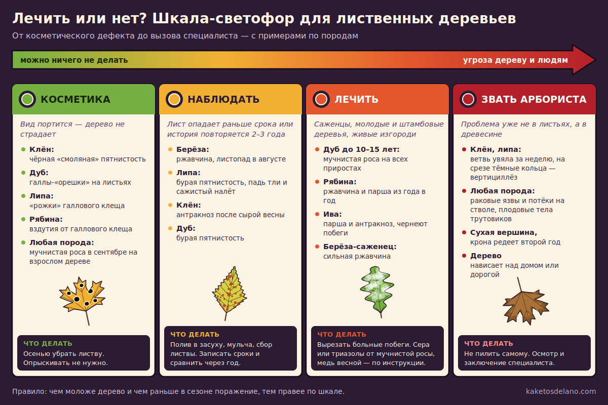 Косметика — наблюдать — лечить — звать арбориста: шкала с примерами по породам Шкала-светофор: какие болезни клёна, дуба, берёзы, липы, рябины и ивы не лечат, а при каких зовут арбориста