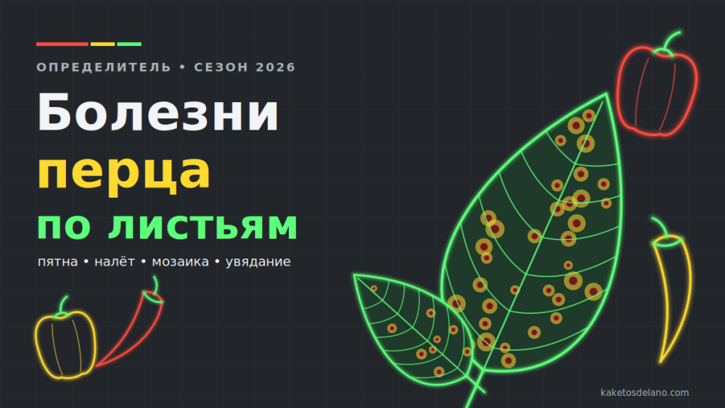Лист перца с мелкими бактериальными пятнами и силуэты сладкого и острого перца — обложка определителя болезней перца по листьям