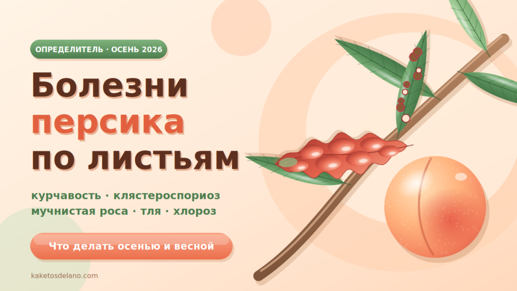 Болезни персика по листьям: вздутый красноватый курчавый лист, лист с дырчатой пятнистостью и плод персика на ветке