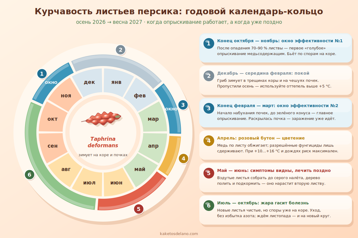 Календарь-кольцо обработок персика от курчавости листьев: окна эффективности осенью после листопада и весной при набухании почек