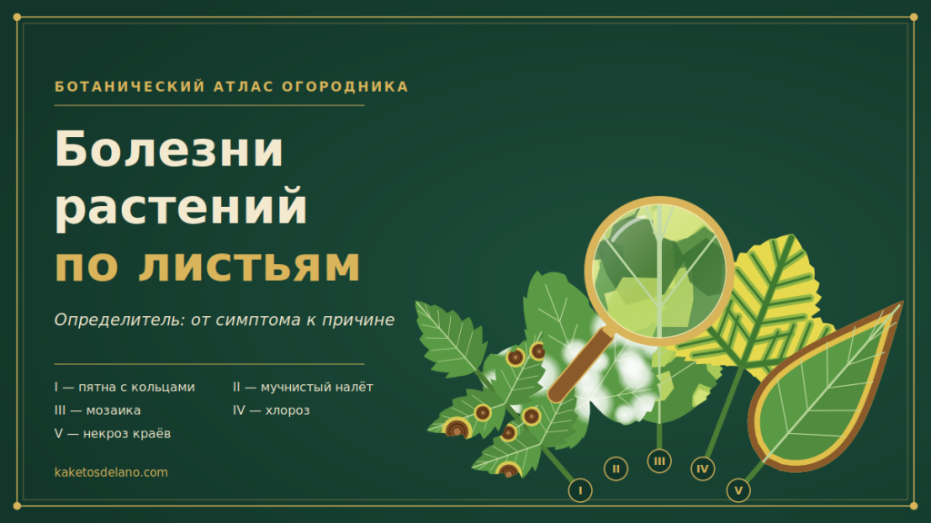 Определение болезней растений по листьям: веер из пяти листьев с пятнами, налётом, мозаикой, хлорозом и некрозом краёв под лупой