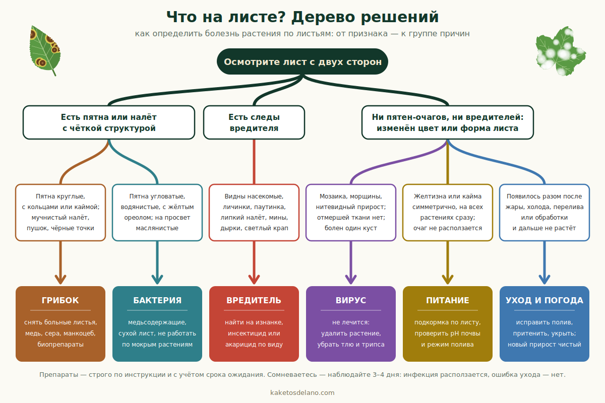 Схема: как определить болезнь растения по листьям — дерево решений от симптома к группе причин