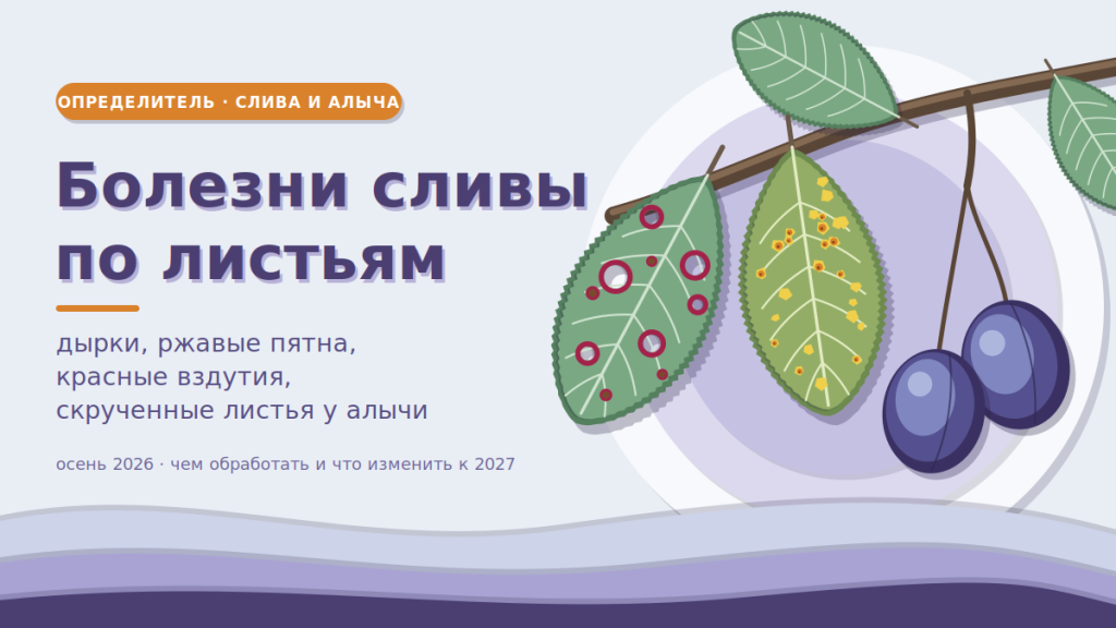 Болезни сливы по листьям: ветка сливы с листом в дырочках, листом с ржавыми пятнами и сизыми плодами