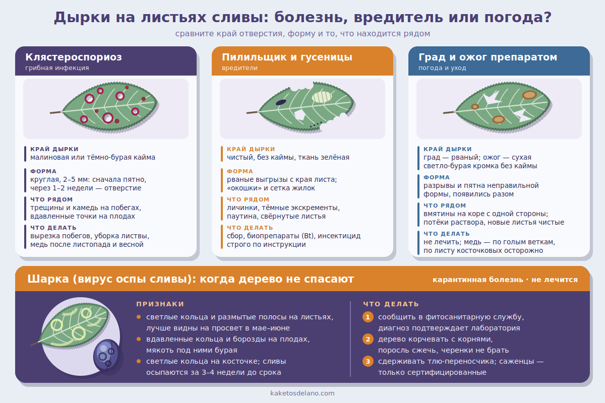 Дырки на листьях сливы: клястероспориоз, пилильщик и гусеницы, град и ожог; признаки шарки
