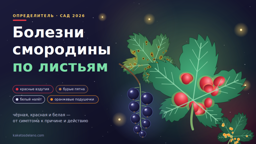 Болезни смородины по листьям: лист с красными галлами тли, антракноз, ржавчина и кисть чёрных ягод
