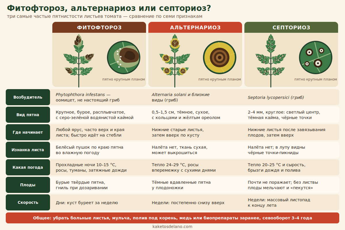 Сравнение: фитофтороз, альтернариоз и септориоз на листьях томатов — вид пятна, изнанка, погода, плоды