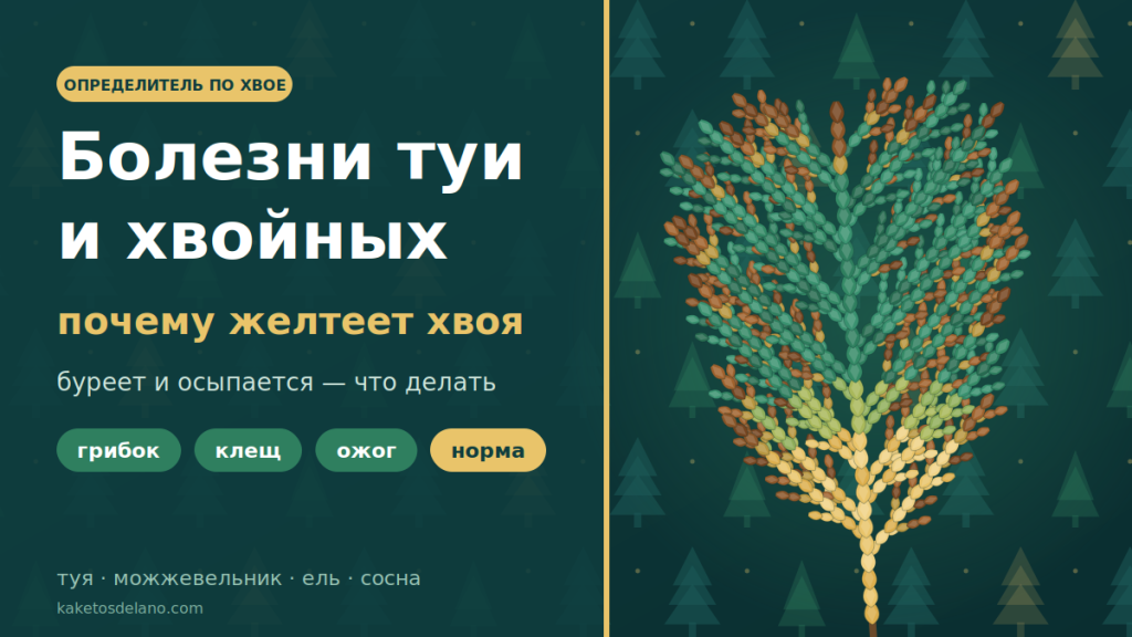 Веточка туи с побуревшими кончиками и жёлтой внутренней частью — определение болезни туи и хвойных по хвое
