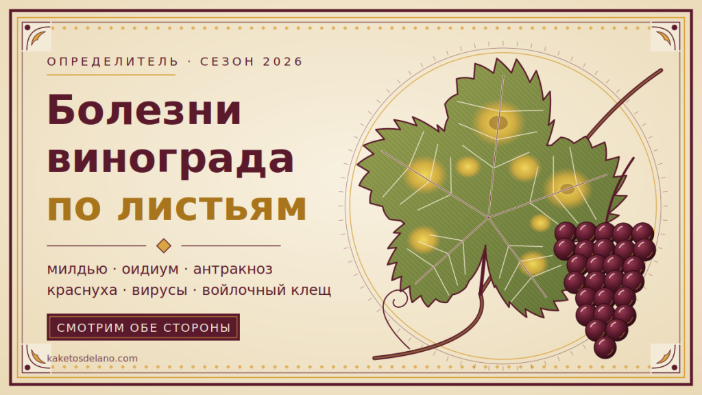 Лист винограда с жёлтыми маслянистыми пятнами милдью и гроздь — обложка определителя болезней винограда по листьям