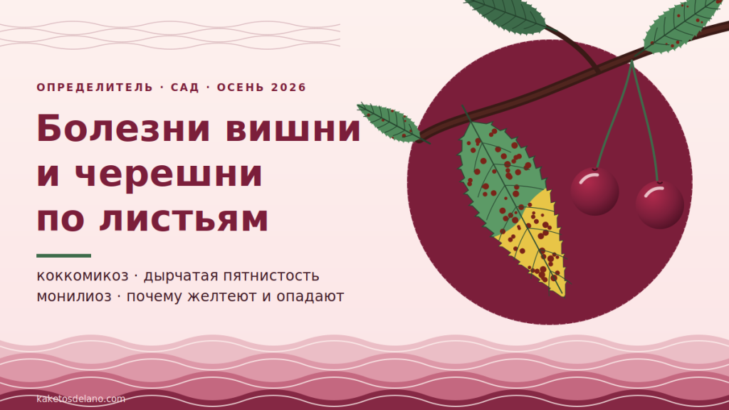 Ветка вишни с листом в красно-бурых точках коккомикоза и жёлтым сектором, пара вишен на длинных черешках