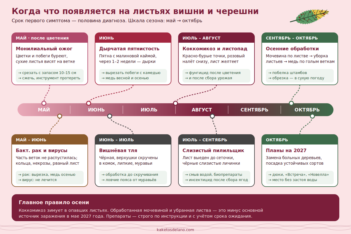 Календарь сезона: когда на вишне и черешне появляются монилиоз, тля, клястероспориоз и коккомикоз и когда проводить обработки