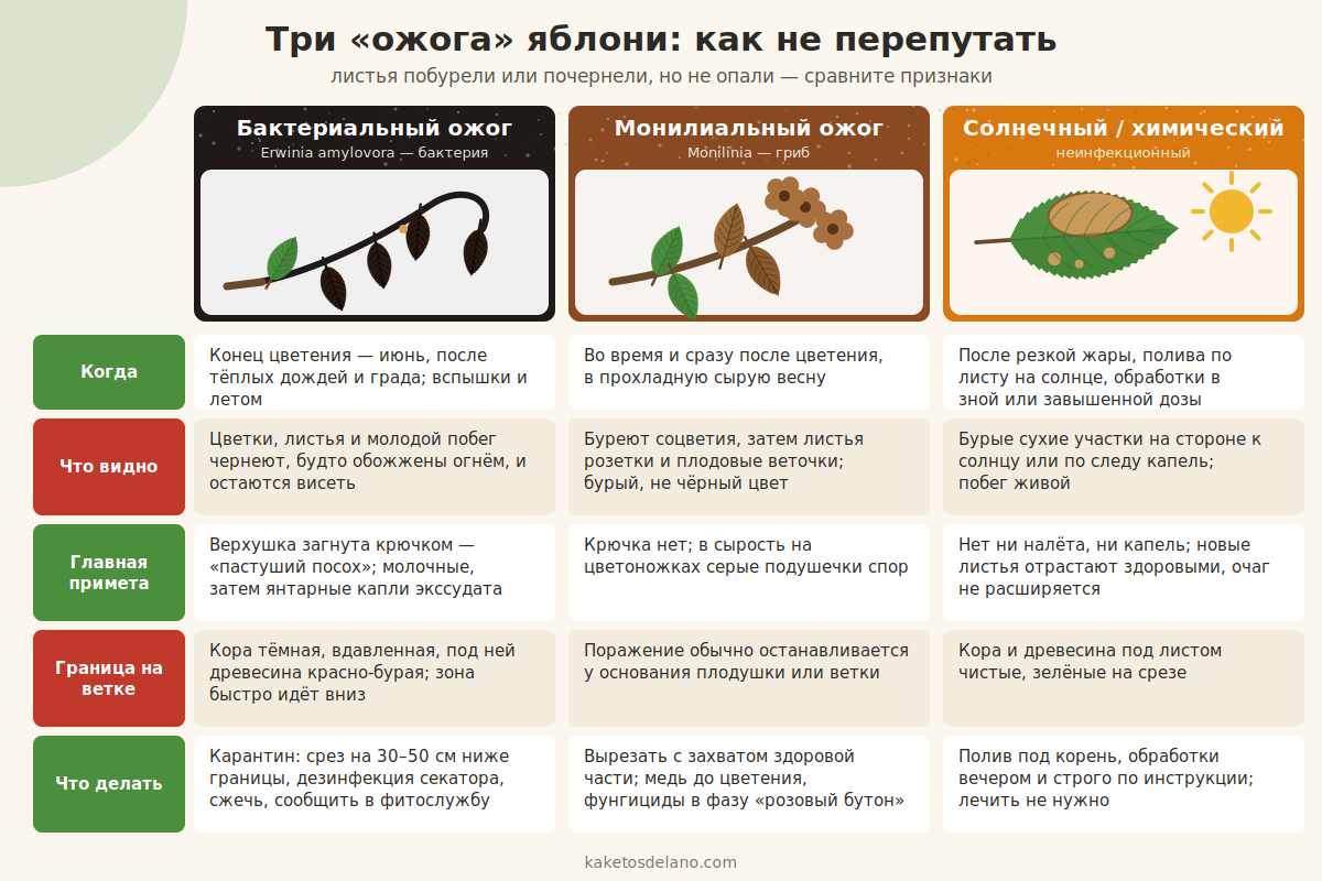 Три ожога яблони: как отличить бактериальный от монилиального и солнечного Сравнение: бактериальный ожог яблони, монилиальный ожог и солнечный или химический ожог листьев — сроки, признаки, действия