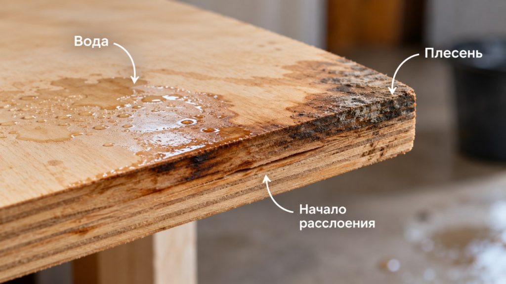 Фанера потемнела по краям после намокания: как отличить водяное пятно от плесени и расслоения, измерить влажность, правильно высушить лист и понять, когда фанеру можно сохранить, а когда заменить.