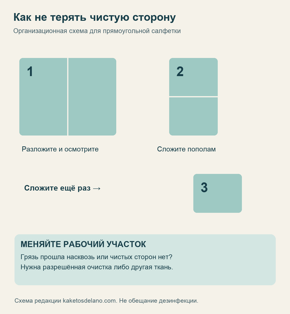 Три этапа складывания прямоугольной салфетки для смены рабочей стороны
